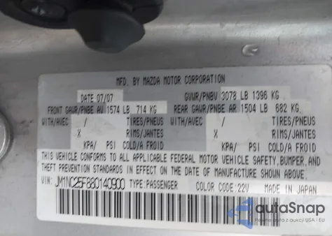 2008 Mazda Mx-5 Miata from USA, damaged, VIN JM1NC25F880140900